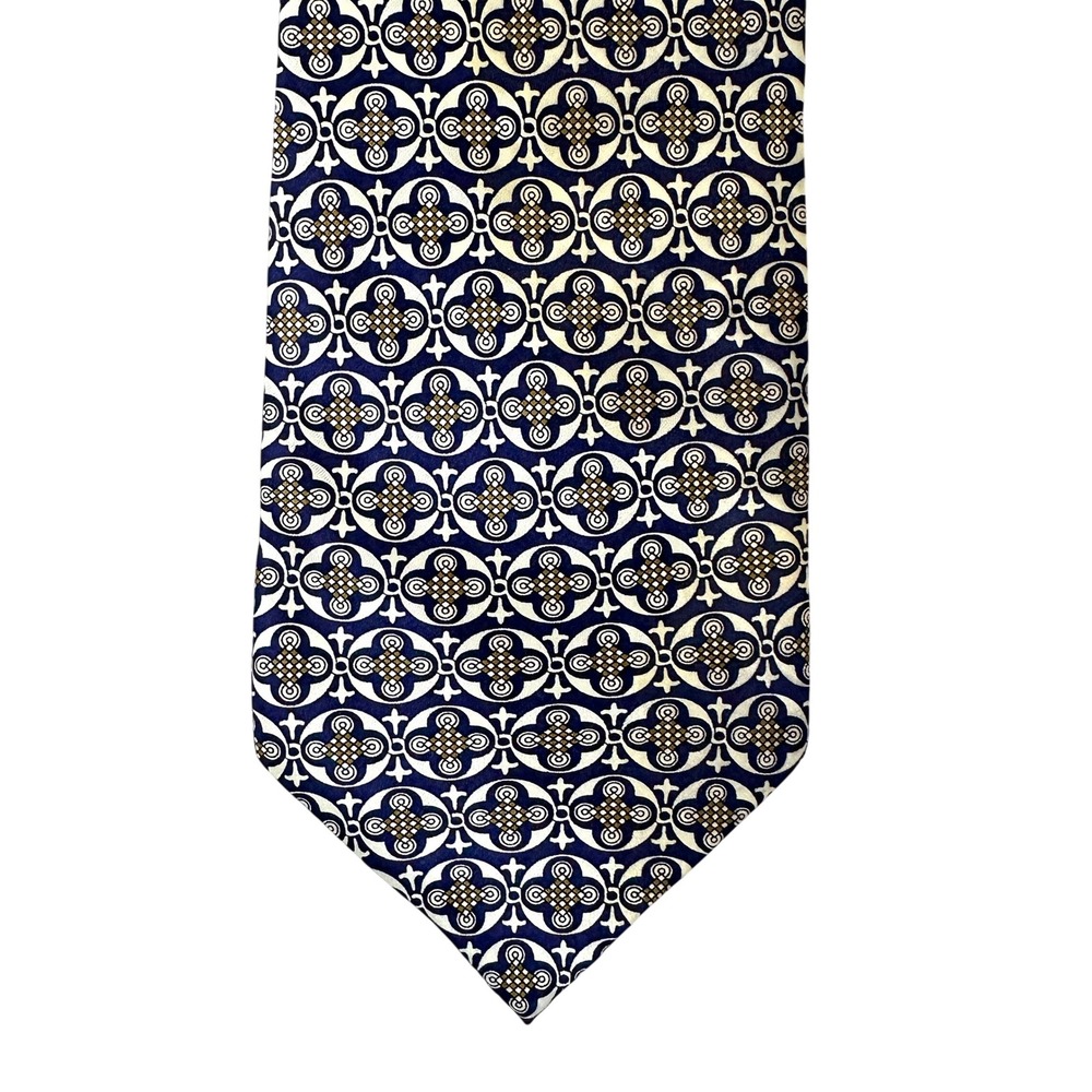 Vintage Silk Tie‎ Blue Geometric Medallion Pattern Classic Retro Necktie 4in